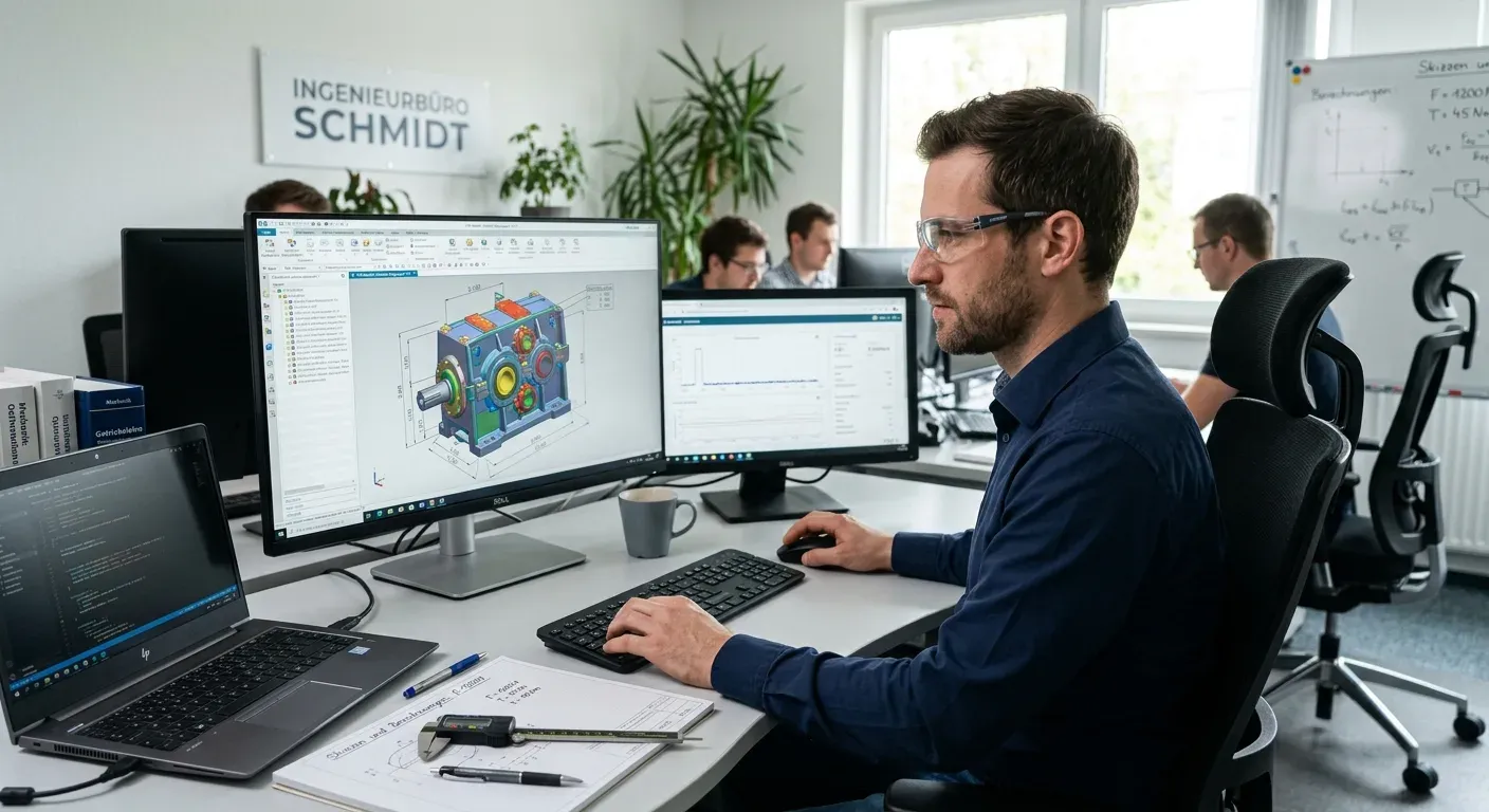 Konstrukteur an einem CAD-Arbeitsplatz in einem Schweizer Ingenieurbüro.