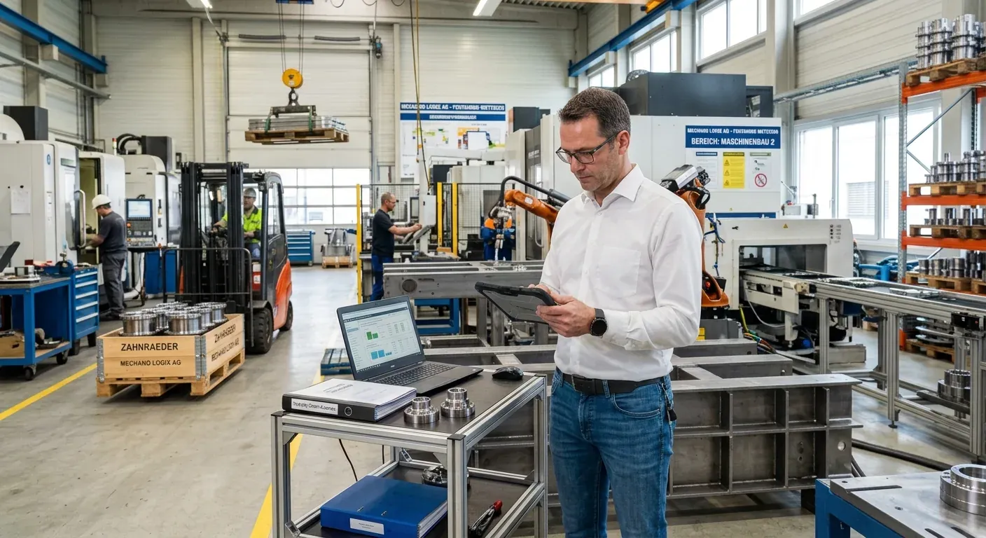 Projektleiter mit Tablet in der Fertigungshalle eines Schweizer Maschinenbauers.
