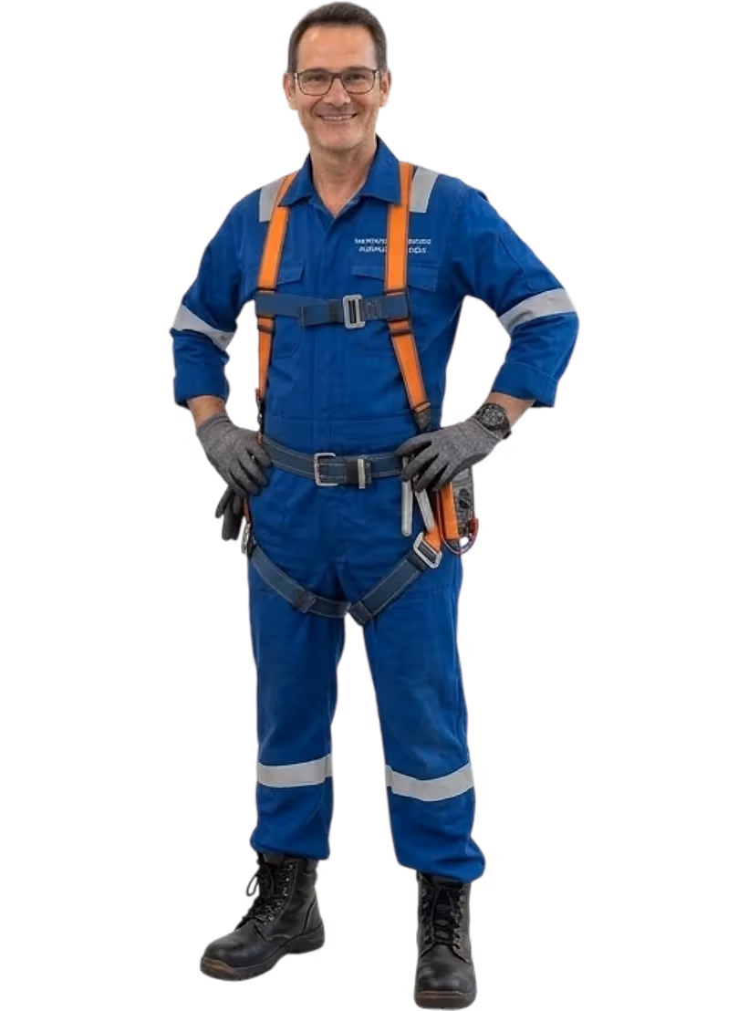 Instandhaltungsmechaniker im blauen Overall mit Klettergurt.