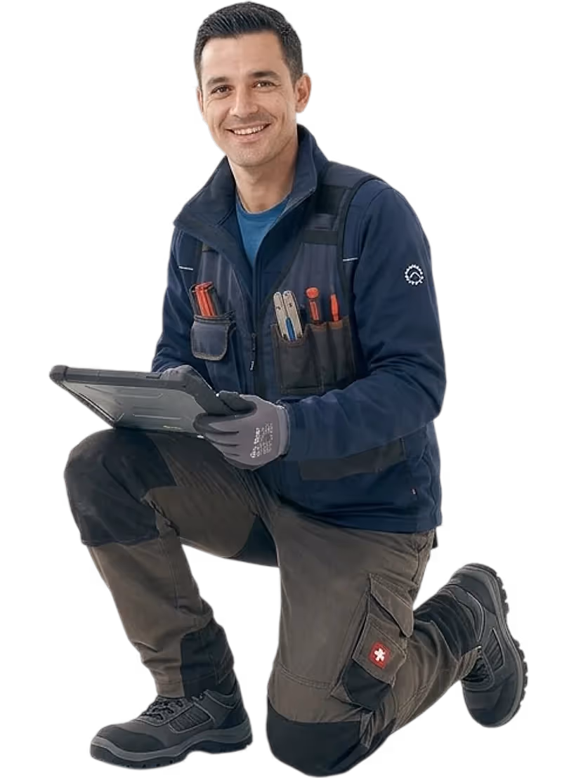 Servicetechniker mit Tablet und Werkzeugweste, kniend.