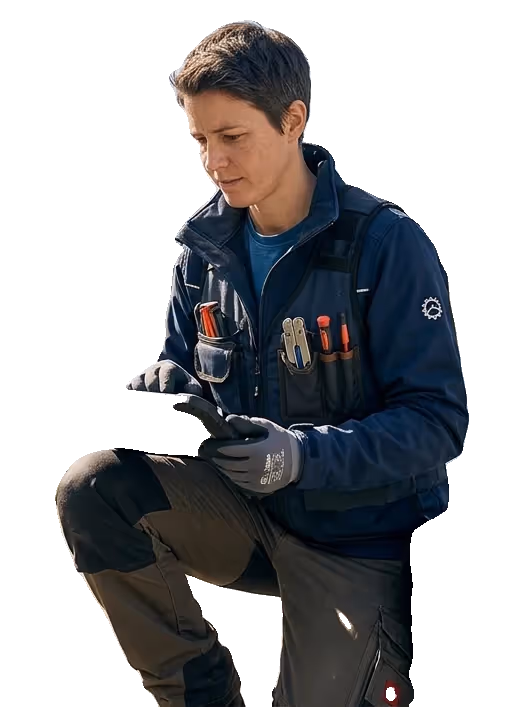 Freigestellter Servicetechniker, der mit einem Tablet in der Hand kniet.