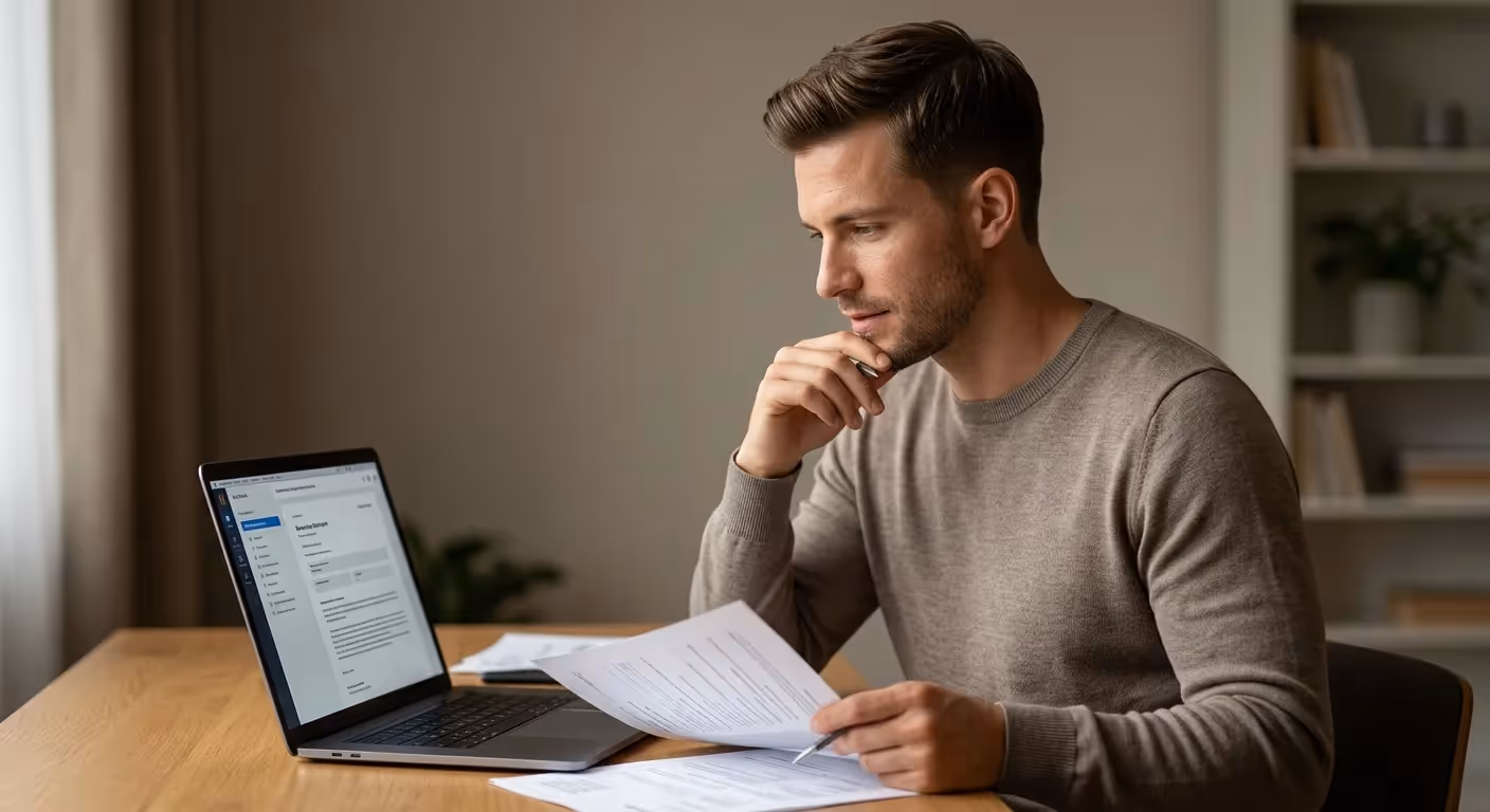 Mann sitzt am Tisch, liest seine Bewerbungsunterlagen und schaut auf den Laptop.