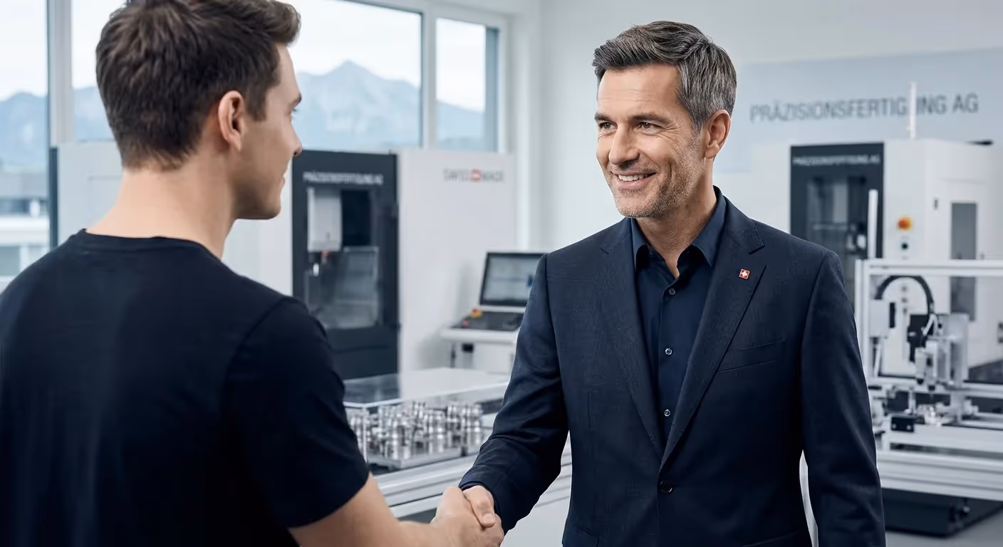 Handschlag zwischen einem neuen Mitarbeiter und seinem Vorgesetzten in einer Schweizer Präzisionsfertigung.