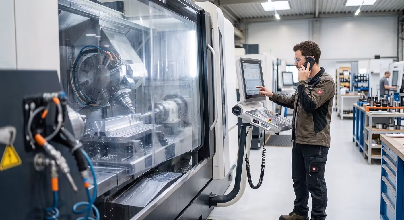 Techniker telefoniert an einer CNC-Maschine in einer Fertigungshalle.